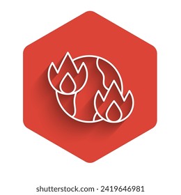 White line Global warming fire icon isolated with long shadow. Red hexagon button. Vector