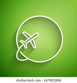 White line Globe with flying plane icon isolated on green background. Airplane fly around the planet earth. Aircraft world icon.  Vector Illustration