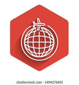 White line Globe with flying plane icon isolated with long shadow. Airplane fly around the planet earth. Aircraft world icon. Red hexagon button. Vector Illustration