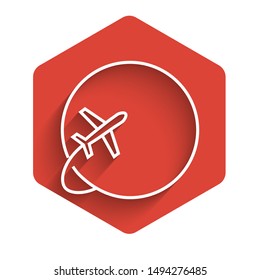 White line Globe with flying plane icon isolated with long shadow. Airplane fly around the planet earth. Aircraft world icon. Red hexagon button. Vector Illustration