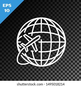 White line Globe with flying plane icon isolated on transparent dark background. Airplane fly around the planet earth. Aircraft world icon.  Vector Illustration