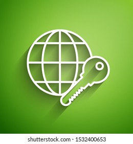 White line Globe key icon isolated on green background.  Vector Illustration