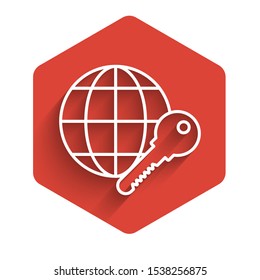 White line Globe key icon isolated with long shadow. Red hexagon button. Vector Illustration
