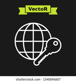 White line Globe key icon isolated on black background.  Vector Illustration