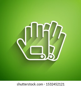 White line Gloves icon isolated on green background. Extreme sport. Sport equipment.  Vector Illustration