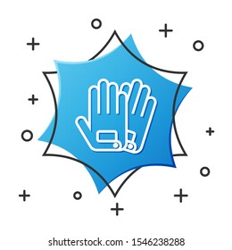 White line Gloves icon isolated on white background. Extreme sport. Sport equipment. Blue hexagon button. Vector Illustration