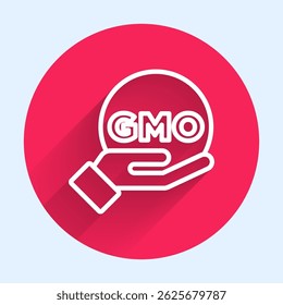 Ícone OGM de linha branca isolado com sombra longa. Acrônimo de organismo geneticamente modificado. Modificação de DNA alimentar. Botão de círculo vermelho. Vetor