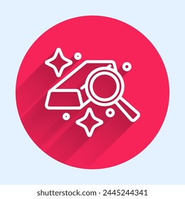 Línea blanca Icono de barras de oro aislado con fondo de sombra larga. Concepto de negocio bancario. Botón de círculo rojo. Vector