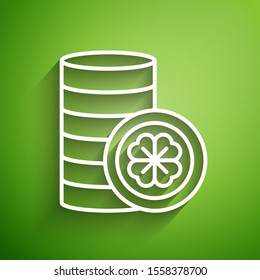 White line Gold coin with four leaf clover icon isolated on green background. Happy Saint Patricks day.  Vector Illustration