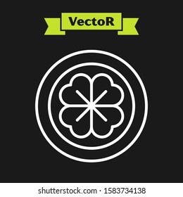 White line Gold coin with four leaf clover icon isolated on black background. Happy Saint Patricks day.  Vector Illustration
