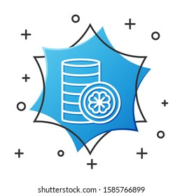 White line Gold coin with four leaf clover icon isolated on white background. Happy Saint Patricks day. Blue hexagon button. Vector Illustration