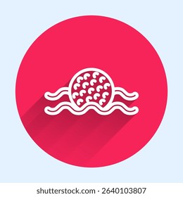 White line Golf ball in water icon isolated with long shadow. Red circle button. Vector