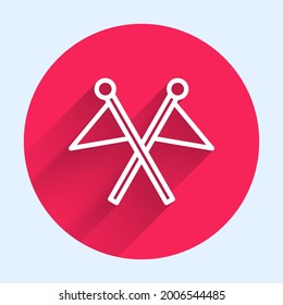 White line Golf flag icon isolated with long shadow. Golf equipment or accessory. Red circle button. Vector