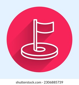 White line Golf hole with flag icon isolated with long shadow. Red circle button. Vector