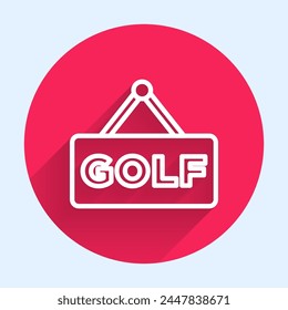 White line Golf label icon isolated with long shadow. Red circle button. Vector