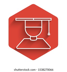 White line Graduate and graduation cap icon isolated with long shadow. Red hexagon button. Vector Illustration