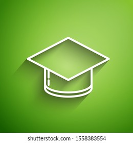 White line Graduation cap icon isolated on green background. Graduation hat with tassel icon.  Vector Illustration