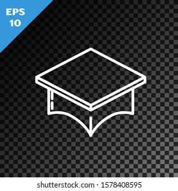 White line Graduation cap icon isolated on transparent dark background. Graduation hat with tassel icon.  Vector Illustration