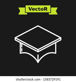 White line Graduation cap icon isolated on black background. Graduation hat with tassel icon.  Vector Illustration