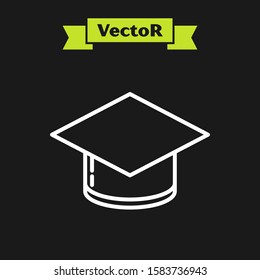 White line Graduation cap icon isolated on black background. Graduation hat with tassel icon.  Vector Illustration
