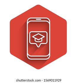 White line Graduation cap on screen smartphone icon isolated with long shadow. Online learning or e-learning concept. Red hexagon button. Vector Illustration
