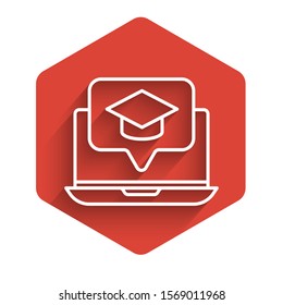 White line Graduation cap on screen laptop icon isolated with long shadow. Online learning or e-learning concept. Red hexagon button. Vector Illustration