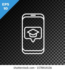 White line Graduation cap on screen smartphone icon isolated on transparent dark background. Online learning or e-learning concept.  Vector Illustration