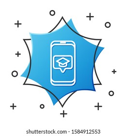 White line Graduation cap on screen smartphone icon isolated on white background. Online learning or e-learning concept. Blue hexagon button. Vector Illustration