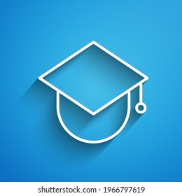 White line Graduation cap on globe icon isolated on blue background. World education symbol. Online learning or e-learning concept. Long shadow. Vector Illustration