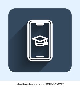 White line Graduation cap on screen smartphone icon isolated with long shadow background. Online learning or e-learning concept. Blue square button. Vector