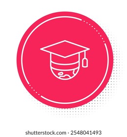 White line Graduation cap on globe icon isolated on white background. World education symbol. Online learning or e-learning concept. Red circle button. Vector