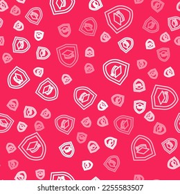 White line Graduation cap with shield icon isolated seamless pattern on red background. Insurance concept. Security, safety, protection, protect concept.  Vector
