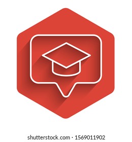 White line Graduation cap in speech bubble icon isolated with long shadow. Graduation hat with tassel icon. Red hexagon button. Vector Illustration