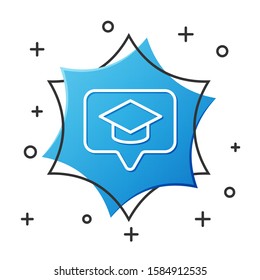 White line Graduation cap in speech bubble icon isolated on white background. Graduation hat with tassel icon. Blue hexagon button. Vector Illustration