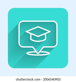 White line Graduation cap in speech bubble icon isolated with long shadow. Graduation hat with tassel icon. Green square button. Vector