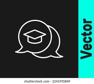 White line Graduation cap in speech bubble icon isolated on black background. Graduation hat with tassel icon.  Vector