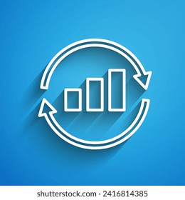 White line Graph, schedule, chart, diagram, infographic, pie graph icon isolated on blue background. Long shadow. Vector