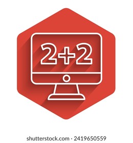 White line Graph, schedule, chart, diagram, infographic, pie graph icon isolated with long shadow. Red hexagon button. Vector Illustration