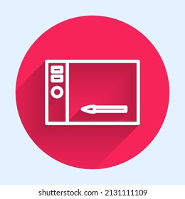 White line Graphic tablet icon isolated with long shadow. Red circle button. Vector Illustration