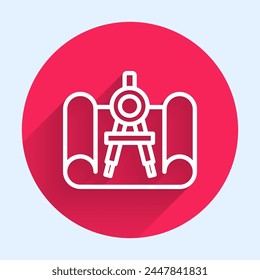 White line Graphing paper for engineering and drawing compass icon isolated with long shadow. Red circle button. Vector Illustration