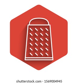 White line Grater icon isolated with long shadow. Kitchen symbol. Cooking utensil. Cutlery sign. Red hexagon button. Vector Illustration
