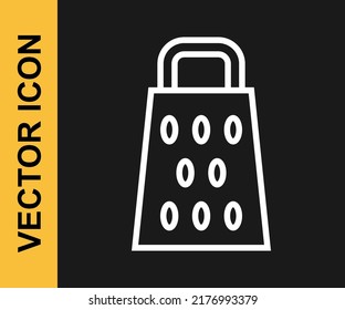 Icono de Grater de línea blanca aislado en fondo negro. Símbolo de cocina. Utensil de cocina. Cartel de cuchillería.  Vector
