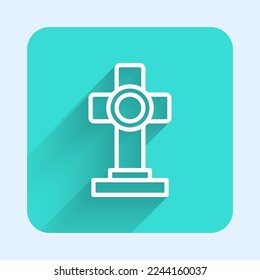 White line Grave with cross icon isolated with long shadow. Green square button. Vector