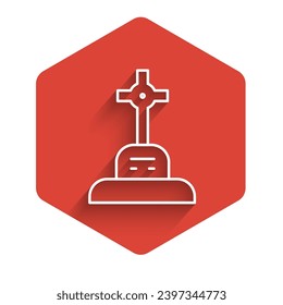 White line Grave with cross icon isolated with long shadow. Red hexagon button. Vector