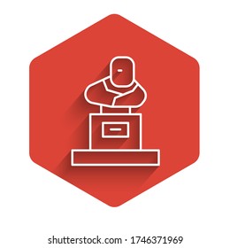 White line Grave with tombstone icon isolated with long shadow. Red hexagon button. Vector