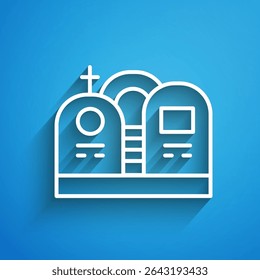White line Grave with tombstone icon isolated on blue background. Long shadow. Vector