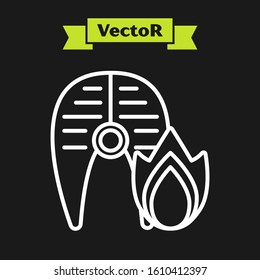 White line Grilled fish steak and fire flame icon isolated on black background.  Vector Illustration
