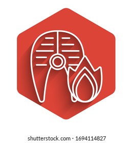White line Grilled fish steak and fire flame icon isolated with long shadow. Red hexagon button. Vector Illustration