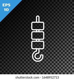 White line Grilled shish kebab on skewer stick icon isolated on transparent dark background. Meat kebab on skewer stick. Picnic with grilled meat.  Vector Illustration