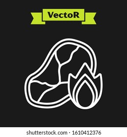 White line Grilled steak meat and fire flame icon isolated on black background.  Vector Illustration